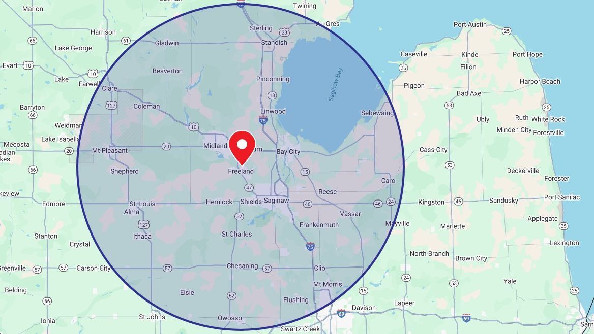 Service area for Answer Heating & Cooling, covering Freeland, MI, and throughout Saginaw County and the surrounding areas.